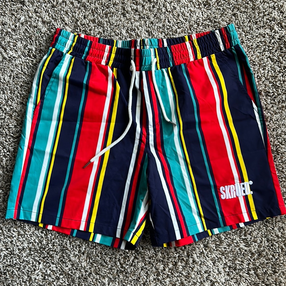 Skrued Board Shorts, Multi-Color Striped, Size Large